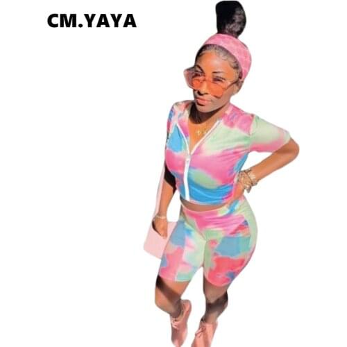 CM.YAYA Women Set Tie Dye Zipper Short Sleeve Crop Tops Skinny Shorts Two 2 Piece Sets Active Tracksuit Summer Fashion Outfits