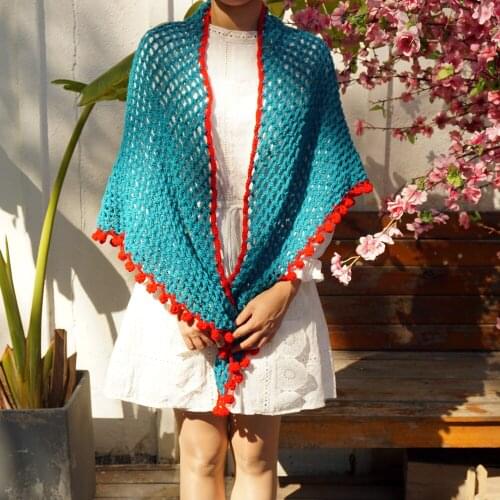 Handmade Crochet blue Scarf wraps women autumn winter scarves poncho Christmas Gift granny triangle Scarf