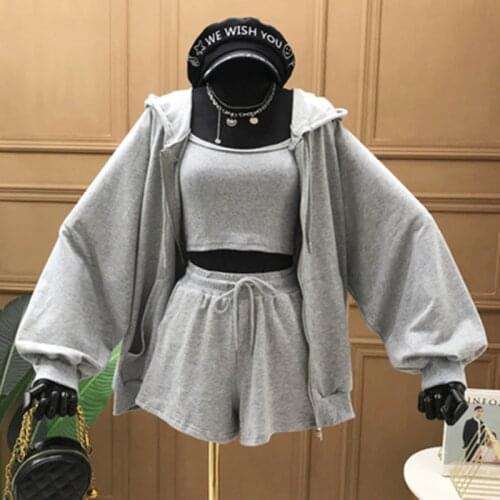 Fashion Casual Long Sleeve Hooded Jacket Coat Crop Top Cotton Biker Shorts 3 Piece Set Women Sport 2021 Spring Tracksuit Outfits