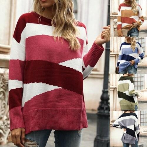 Autumn Winter Irregular Stripes Color Block Pullover Ladies O-Neck Long-Sleeved Casual Knitted Sweater Top