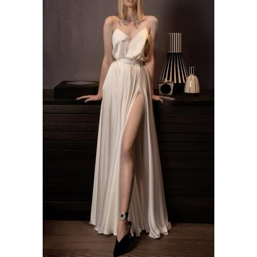 Robe De Soiree Champagne Spaghetti Straps Glitter Long Evening Dresses High Slit Sexy Prom Party Gown 2020 New