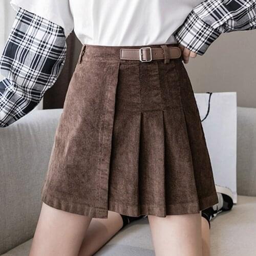 Winter Women Mini Pleated Skirt Corduroy Harajuku Lady High Waist A-Line Solid Belt Skirts Slim Asymmetrical Streetwear