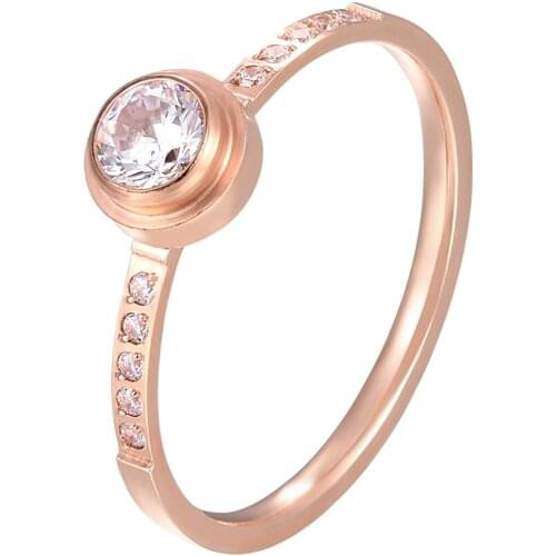 Shiny Round Crystal Ring Stainless Steel Rose Gold Color Woman Wedding Ring Birthday Gift Lover Love Ring Wholesale