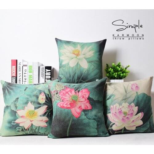 Chinese style Home Decorative Linen Cushion cover Retro elegant Lotus Pattern 7843 Pillow Case Sofa Chair Waist Pillow cover
