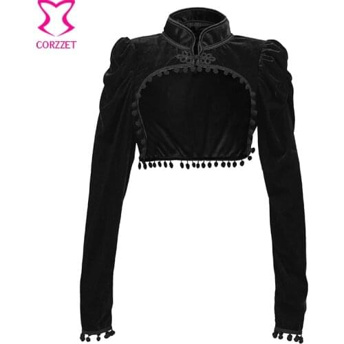 Black Flannel Tassel Stand Collar Long Sleeve Extra Short Steampunk Jacket Vintage Coat Women Gothic Clothing Corset Accessories