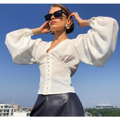 JESSIC V Neck Long Puff Sleeve Elegant Blouse Shirt Women 2021 Autumn Spring White Casual Top Shirts Ladies Fashion Vintage