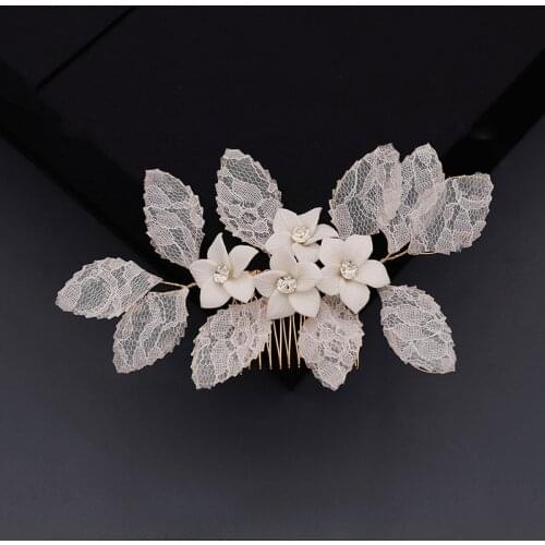 SLBRIDAL Handmade Wired Crystal Lace Leaf Ceram Flower Bridal Hair Comb Wedding Hair Accessories Women Bridesmaids Hair Jewelry