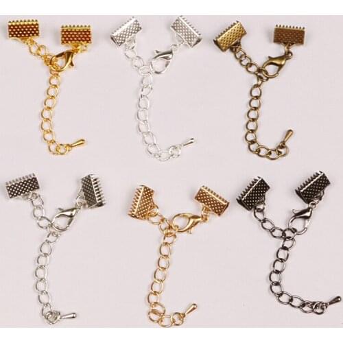 10pcs/lot Ribbon Leather Cord End Fastener Clasps With Chains Lobster Clasps Connectors For Bracelet DIY Jewelry Making Findings
