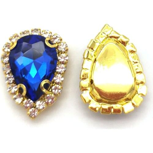 Royal Blue AAA+ Glass Crystal Teardrop Flatback Crystal Button, Gold Bottom Sew On Rhinestones For DIY Clothing Decoration