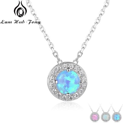 Round Pink White Blue Opal 925 Sterling Silver Pendant Necklaces Cubic Zirconia Circle Necklace Birthday Gifts (Lam Hub Fong)