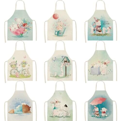 Cartoon Rabbit Printed Kitchen Aprons for Women Kids Sleeveless Cotton Linen Rabbit Cooking Cleaning Tools