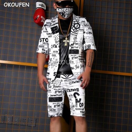 Fashion black and white letter printing half sleeves suits costumes Mens street suits nightclub bar singer DJ stage costumes