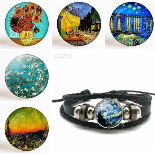 Fashion Van Gogh Glass Dome School Bag Clothes Black Button Leather Woven Bracelet Starry Night Jewelry Sunflower Women Gift