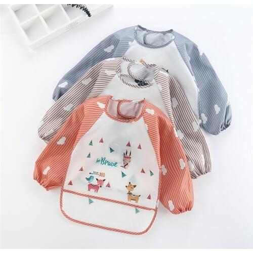 Blotona Baby Children Art Smock Feeding Bib Apron Pocket Waterproof Cloths Long Sleeves with Food Catcher