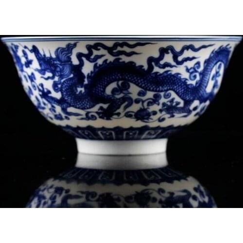 Chinese Blue & White Porcelain Hand Painted Dragon Pattern Bowl W Qianlong Mark