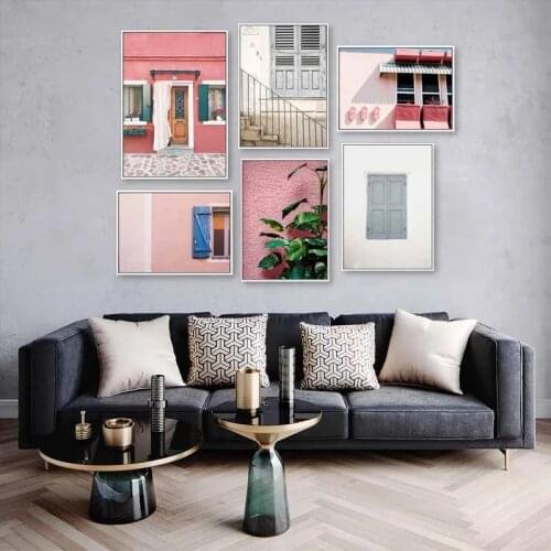 Affiche De Paysage De Maison Rose Nordique, Ancienne Porte FenêTre, Plantes, Art Mural, Peinture Sur Toile, Style Scandinave, Dé