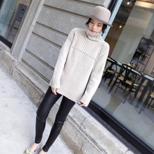 Fall Winter Womens Turtle Neck Pullover Medium Length Loose Side Split Knitwear Top