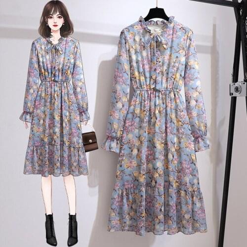 Chiffon floral dress female plus size spring/summer 2021 new Korean retro high waist lantern sleeve mid-length casual dress