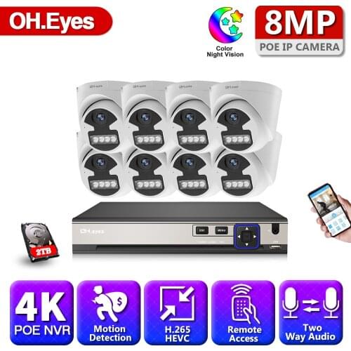 H.265 4K CCTV IP Security Camera System 8CH POE NVR Kit 8CH 8MP Outdoor Two Way Audio Video Surveillance Camera System Set