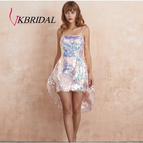 VKBRIDAL Pink Paillette High Low Prom Cocktail Dress 2019 New 100% Real Picture Sequin Skirt Homecoming Dresses for Girls