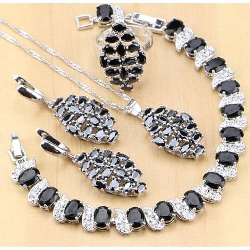 Cute 925 Sterling Silver Jewelry Black Zircon White CZ Jewelry Sets For Women Party Earrings/Pendant/Necklace/Rings/Bracelet