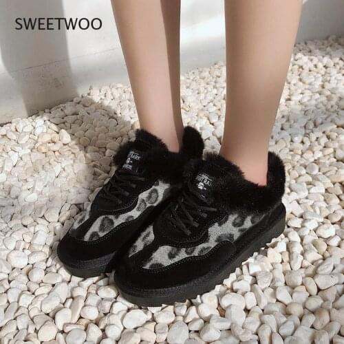 Snow boots womens fall/winter round head leopard print lace-up low-tube beige plus velvet winter boots cotton shoes