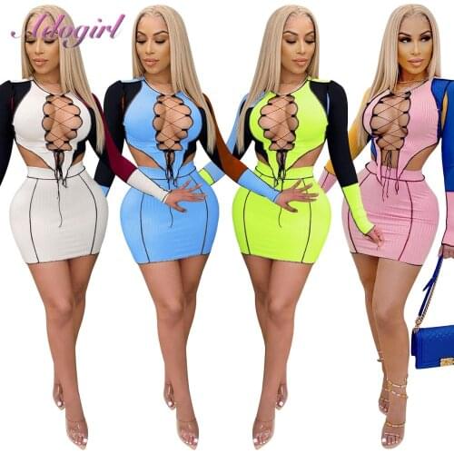 Ribbed Knit Patchwork Two Piece Set Women Sexy Hollow Out Lace Up Crop Tops + Mini Midi Skirt Set Outfit Night Party Club Sets