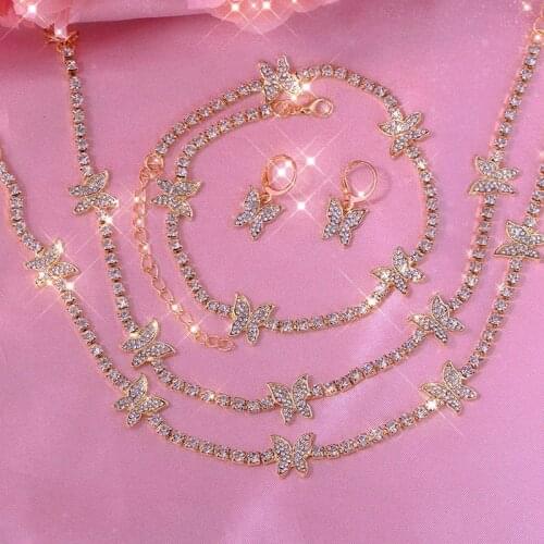 Flatfoosie Luxury Crystal Butterfly Choker Necklace for Women Gold Silver Color Rhinestone Tennis Chain Necklace Wedding Jewelry