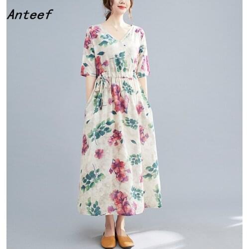 Anteef short sleeve cotton linen vintage floral dresses for women casual loose long woman summer dress elegant clothes 2021