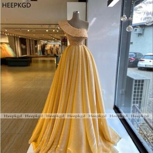 Gold Long Evening Dress One Shoulder A Line Beads Arabic Women Prom Gown Plus Size Formal Occasion Dresses Vestido De Festa