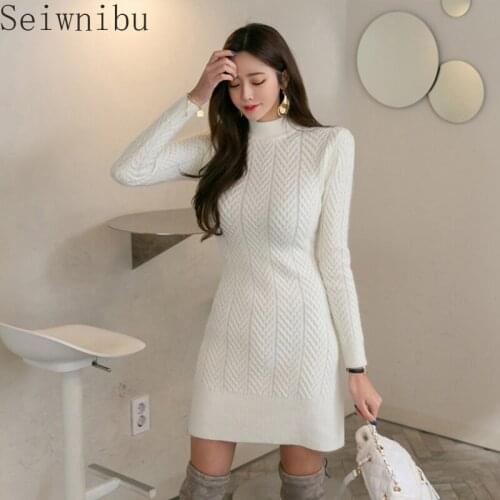 2020 New French Self-Cultivation Bag Hip High Collar Long-Sleeved Womens Bottom Sweater Knit Dress