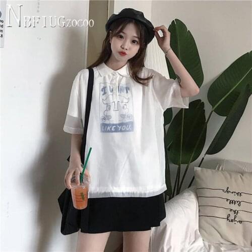 2020 Fake Two Piece Loose Lapel Women T Shirt Summer Korean Female Tee Shirts