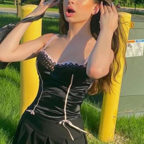 2021 Summer Lace Trim Tie Up Slim Vest Bowknot Sleeveless Camisole Spaghetti Straps Women Sexy Tie Up Bowknot Vest Crop Top