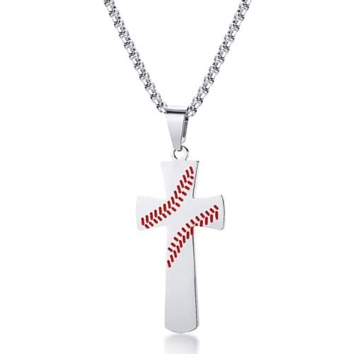 2021 Sports Style Trendy Male Stainless Steel Baseball Pattern Cross Pendant With Corrosion On The Back In English Necklace