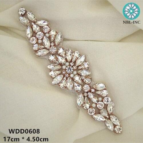 30PCS) Wholesale hand beaded sewing rose gold clear crystal rhinestone applique iron on for wedding dresses DIY sash WDD0608