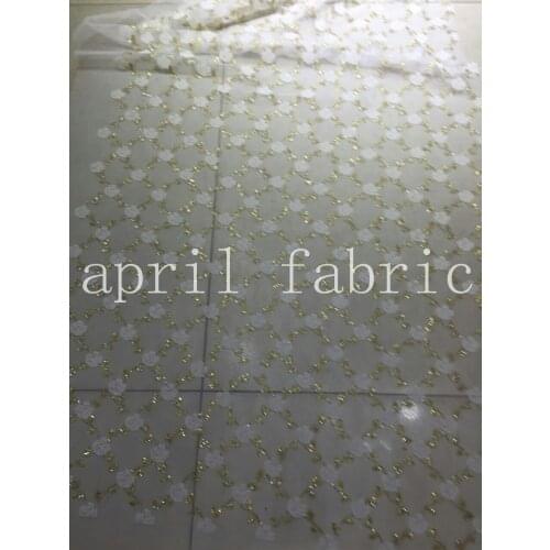 5yards HLL126 gold white flower glass beads print african india fabric for wedding /evening dress ,free fast shipping by dhl