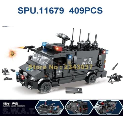 67283 409pcs Police Swat Communication Command Vehicle Car With Light Sound 2 Dolls Building Blocks Toy