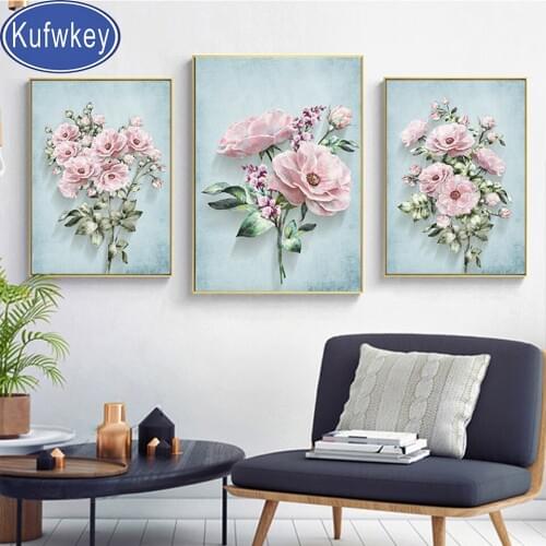 Full Square Round Drill Mosaic Diamond Painting Still Life Pink Rose Flowers Triptych Diamond Embroidery New Year Carnival gift
