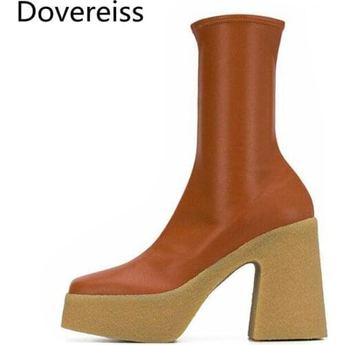 Dovereiss Fashion Womens Shoes Winter new sexy Elegant Waterproof Zipper Square toe Block heels Short boots Concise 33-40