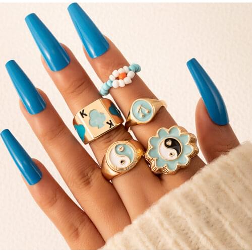 Docona 5pcs/set VIntage Tai Chi Yin Yang Finger Rings for Women Blue Drop Oil Mushroom Beaded Gemometry Ring Set Jewelry 19776