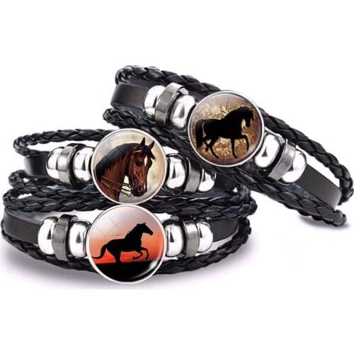 Red Brown Horse Photo Glass Cabochon Black Leather Bracelet Horse Head Rope Bracelet Animal Jewelry Christmas Present