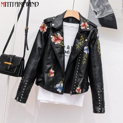 Rivet Embroidery Floral PU Leather Jacket Women Spring Autumn Short Style Slim Fit Black Faux Leather Coat Female Motor Jacket