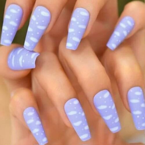 24pcs/Set European Matte Fake Nails Extra Long Cloud Pattern Purple Ballerina Full Artificial Nail Decal Art Tips with Glue