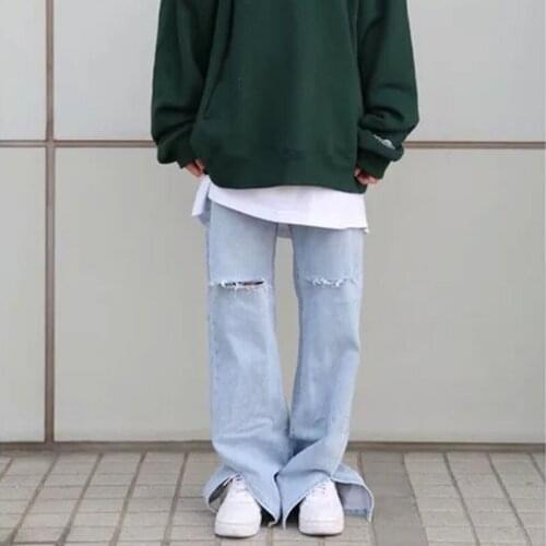 MosiMolly 2021 Trendy Split Jeans Pants Women Hollow Out Ripped Long Jeans Pants Denim Jeans