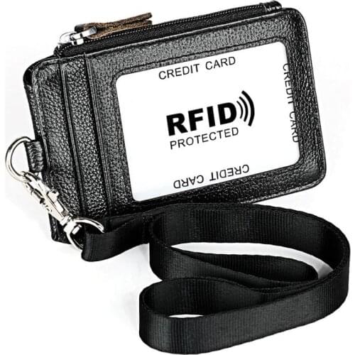 Genuine Leather Coin Purse Rfid Credit Card Holder Removable Lanyard Business Womens Wallet Work Card Set Zipper Bags BISI GORO