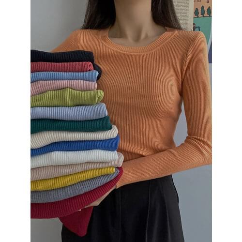 2021 New-coming Autumn Winter Tops O-Neck Pullovers Sweaters Primer shirt long sleeve Short Korean Slim-fit tight sweater