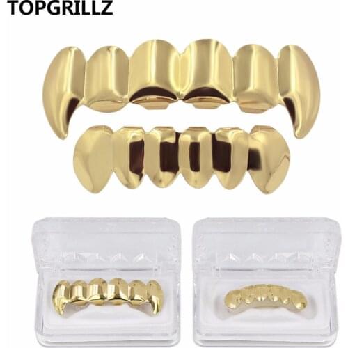 TOPGRILLZ Real Shiny Gold Silver Plated HIP HOP Teeth Grillz Top & Bootom Groll Set With silicone Vampire Teeth New Fit