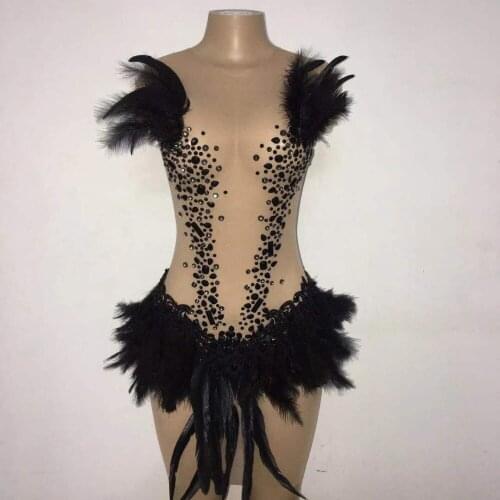New Sexy Mesh See Through Rhinestones Black Feather Dress Dance Costume Prom Birthday Celebrate Dresses