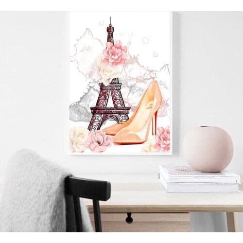 Modern fashion diamond painting rose flower Paris tower high heels rhinestone embroidery shopping mall girl room decoration pict