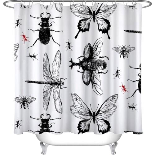 72'' Bathroom Waterproof Fabric Shower Curtain Polyester 12 Hooks Bath Accessory Sets Hand-painted Black White Insect Butterfly